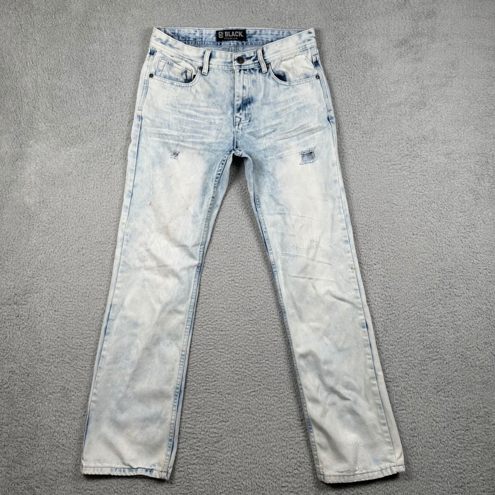 Black Premium Mens Bootcut Jeans Light Acid Wash Distressed 30x32 Denim Pants